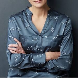 Zara Basic Collection Blue Satin Long Sleeve Leaf Print Blouse Button Cuffs Sz S